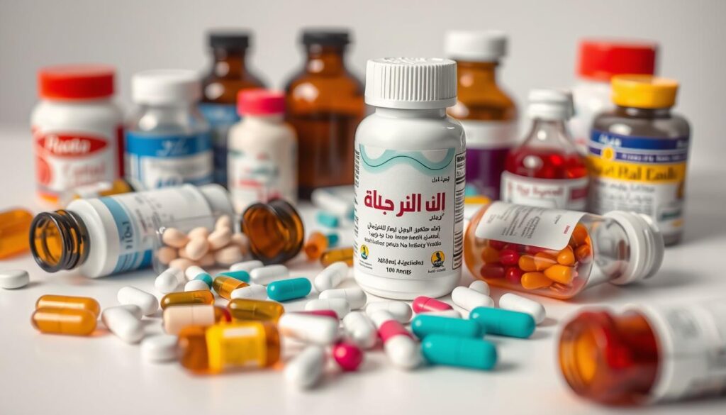 A close-up photograph of a variety of medical drugs and supplements, including capsules, tablets, and liquid medications, arranged neatly on a clean, white surface. The focus is on a bottle or packaging labeled in Arabic, prominently displayed in the center of the frame. The lighting is soft and even, highlighting the textures and colors of the medications. The background is blurred, creating a sense of depth and emphasis on the primary subject. The overall mood is one of professionalism, care, and attention to detail, conveying the impression of a reliable, effective treatment for the discomfort of teething in infants.