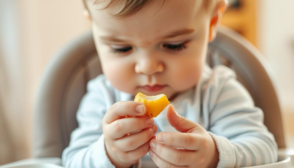 A close-up view of a baby sitting on a high chair, intently examining a small piece of solid food, such as a soft-cooked vegetable or fruit, held in their hands. The baby's expression is one of curiosity and concentration, as they tentatively touch and explore the new texture and flavor. The background is blurred, with a warm, natural lighting that creates a gentle, nurturing atmosphere. The image captures the moment of a child's first foray into solid food, a milestone in their development and the journey of introducing them to a diverse, nutritious diet.