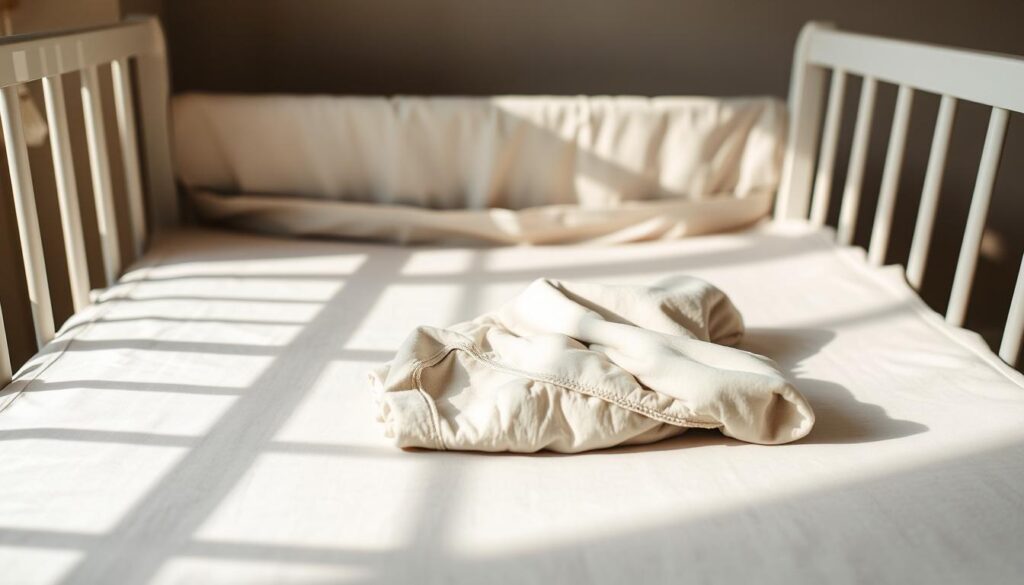 A cozy and safe infant bedding arrangement in a dimly lit nursery. The foreground features a plush, organic cotton crib sheet in a neutral beige hue, complemented by a minimalist gray crib skirt. Soft, natural light from a nearby window creates a warm, tranquil atmosphere, casting gentle shadows across the scene. In the middle ground, a high-quality, breathable swaddle blanket in a muted pastel tone is neatly folded, ready to provide comfort and security for the sleeping baby. The background hints at a serene, clutter-free space, with a neutral-toned wall and subtle textures adding depth and dimension to the composition. The overall mood is one of calm, safety, and rest, perfectly suited for an article on optimal infant sleep environments.