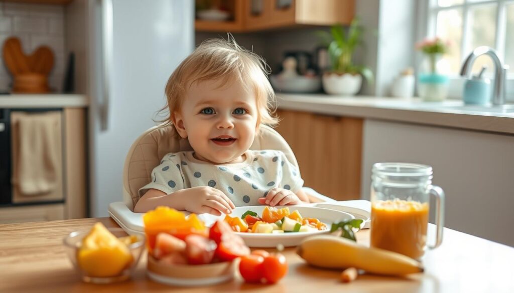 A cozy, inviting kitchen scene with a young child sitting at a high chair, eagerly anticipating their meal. The table is set with a variety of brightly colored, age-appropriate food options, including pureed fruits and vegetables, finger foods, and a sippy cup. Soft, natural lighting bathes the scene, creating a warm and nurturing atmosphere. The child's expression is one of curiosity and excitement, reflecting their readiness to explore new tastes and textures. The overall composition conveys the idea of a supportive, child-friendly mealtime experience, guiding parents towards creating a positive and engaging feeding environment.