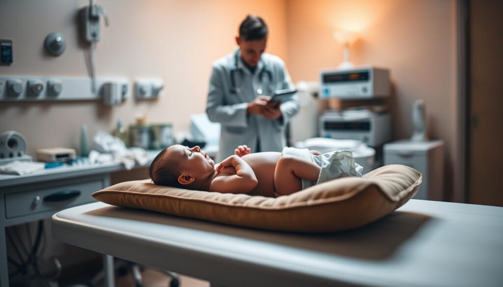 A cozy neonatal examination room, bathed in soft, warm lighting. In the foreground, a newborn baby resting peacefully on a padded examination table, their tiny body being gently examined by a caring pediatrician. Surrounding the table, an array of medical instruments and supplies, reflecting the importance of this post-delivery health assessment. In the middle ground, the pediatrician's attentive gaze and gentle hands, meticulously checking the newborn's vital signs and overall well-being. In the background, a serene, neutral-toned environment, conveying a sense of comfort and safety for the new life being welcomed into the world.