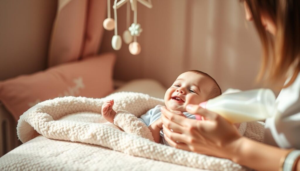 A cozy, warm-lit nursery scene with a smiling infant lying on a soft, plush blanket. In the foreground, a caring parent gently cradling the child, offering a bottle of milk. The background features soothing pastel shades, with a decorative mobile hanging overhead, casting gentle shadows. The overall mood is one of nurturing and intimacy, capturing the essence of tips to help increase a baby's weight. The lighting is natural and diffused, creating a serene and comforting atmosphere.