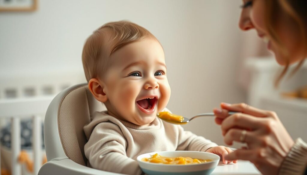 A cozy, well-lit nursery scene featuring a smiling infant being tenderly fed a homemade pureed meal by a gentle caregiver. The baby sits comfortably in a high chair, mouth open, eagerly awaiting the next bite. Soft, diffused lighting illuminates the serene moment, casting a warm glow on the pair. The background is blurred, drawing the viewer's focus to the intimate interaction. The caregiver's expression radiates patience and care as they guide the spoon towards the baby's lips. The overall mood is one of nourishment, bonding, and the joy of introducing solid foods.
