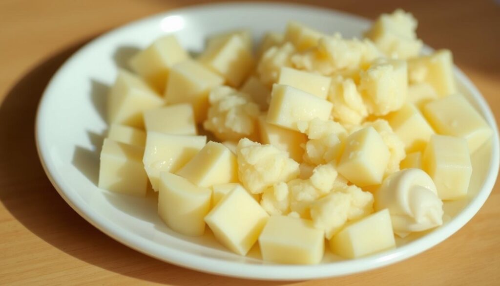 A delicately prepared infant meal, carefully sliced and diced to minimize choking hazards. The smooth, mashed texture invites safe and effortless consumption, while the soft, pale hues and natural lighting convey a soothing, nurturing atmosphere. The image captures the importance of proper food preparation for the youngest, most vulnerable diners, ensuring their safety and well-being with every bite. Attention to detail is paramount, from the precisely uniform pieces to the gentle, uncluttered presentation, creating a visually appealing and reassuring depiction of nourishing mealtime for a growing baby.