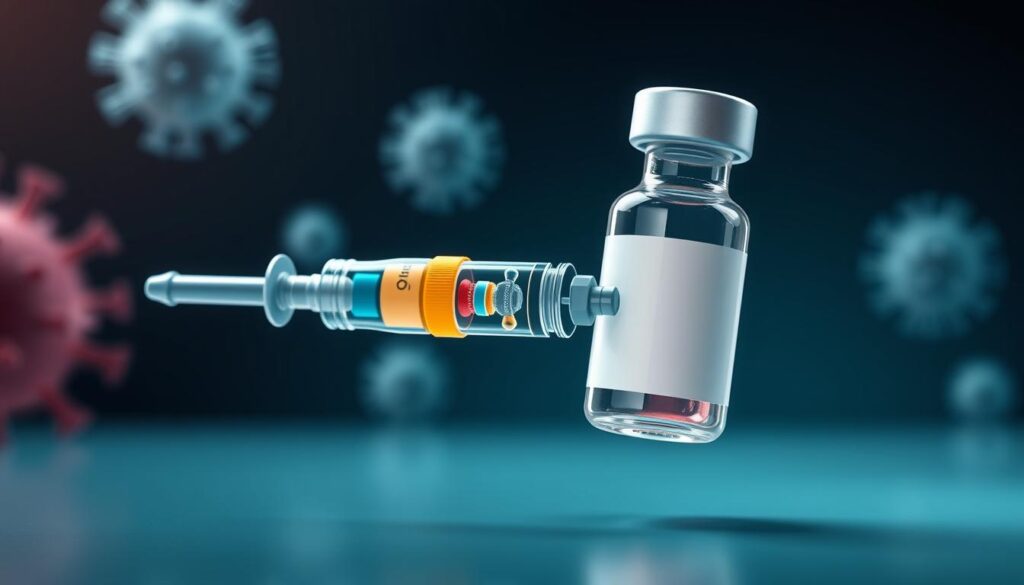 A detailed cross-section illustration of the inner workings of a vaccine, showcasing its key components and mechanism of action. The image should depict the vaccine antigen, adjuvant, and delivery system, with a focus on how they interact with the human immune system to generate a protective immune response. Render the scene with a clean, scientific aesthetic using soft, directional lighting and a minimalist, laboratory-like background. Emphasize the intricate molecular structures and cellular processes involved, highlighting the remarkable complexity and sophistication of modern vaccine technology.