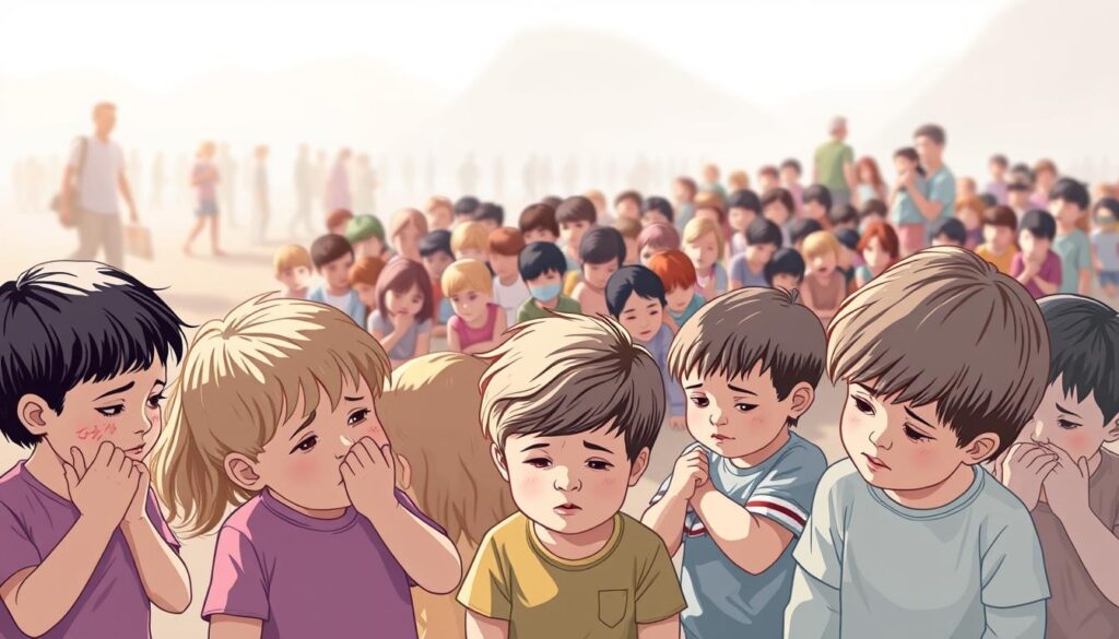 A detailed illustration depicting the side effects of vaccination in comparison to the risks of not being vaccinated. In the foreground, a group of children experiencing mild side effects such as rashes, fever, and discomfort, portrayed in a muted, pastel color palette to convey the temporary and manageable nature of these reactions. In the middle ground, a larger group of children suffering from serious illnesses, their expressions pained, the colors more somber and dramatic to emphasize the gravity of the situation. In the background, a hazy, blurred landscape representing the broader public health implications, with people of all ages affected by the spread of preventable diseases. The lighting is soft and diffused, creating a sense of empathy and understanding, while the camera angle is slightly elevated to provide an encompassing, compassionate perspective.
