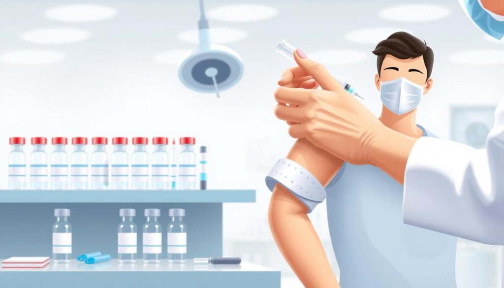 A detailed illustration of adult vaccination and healthcare worker immunization. In the foreground, an adult figure stands confidently, their sleeve rolled up, as a medical professional administers a shot with a sterile syringe. In the middle ground, various vaccine vials and medical equipment are neatly arranged, conveying professionalism and care. The background features a clean, well-lit medical setting with soft, diffused lighting, evoking a sense of safety and trust. The overall scene projects a message of responsible healthcare, encouraging adults and essential workers to stay up-to-date with their vaccinations.