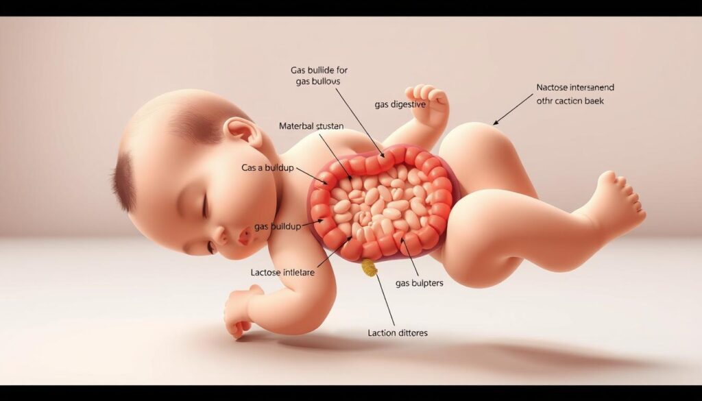 A detailed medical diagram depicting the common causes of colic and gastrointestinal discomfort in newborn infants. The image shows a cross-section of a baby's digestive system, highlighting areas prone to gas buildup, lactose intolerance, and other digestive issues. The foreground features clearly labeled anatomical structures, while the background has a clean, clinical aesthetic with muted colors and minimal distractions. Subtle lighting creates depth and emphasizes key elements. The overall tone is informative and educational, designed to illustrate the section on the causes of infant colic for a medical article.