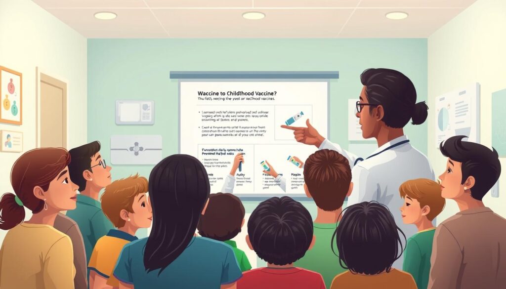 A detailed medical illustration depicting the process of correcting misconceptions about childhood vaccines. In the foreground, a group of diverse families gathered, their faces expressing curiosity and concern. In the middle ground, a healthcare professional gestures towards a projected infographic, clearly explaining the facts about vaccine safety and efficacy. The background features a soothing, pastel-toned medical setting, with subtle iconography representing the various vaccine-preventable diseases. Soft, natural lighting illuminates the scene, creating an atmosphere of trust, education, and reassurance. The illustration aims to visually communicate the importance of addressing vaccine misinformation and promoting informed decision-making among parents.