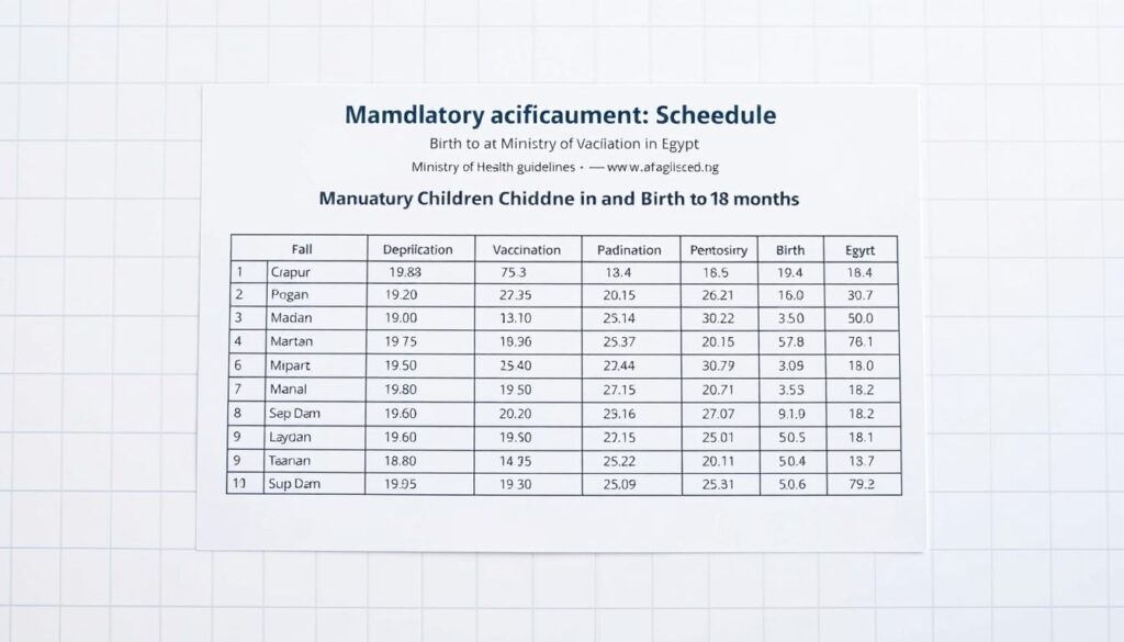 A detailed, neatly organized table displaying the mandatory vaccination schedule for children in Egypt from birth to 18 months, as per the Ministry of Health guidelines. The table is set against a clean, minimalist background with subtle grid lines and neutral colors to ensure the information is the central focus. The lighting is soft and diffused, creating a sense of clarity and professionalism. The overall composition is balanced, with the table taking up a significant portion of the frame, allowing the viewer to clearly see and understand the vaccination schedule at a glance.