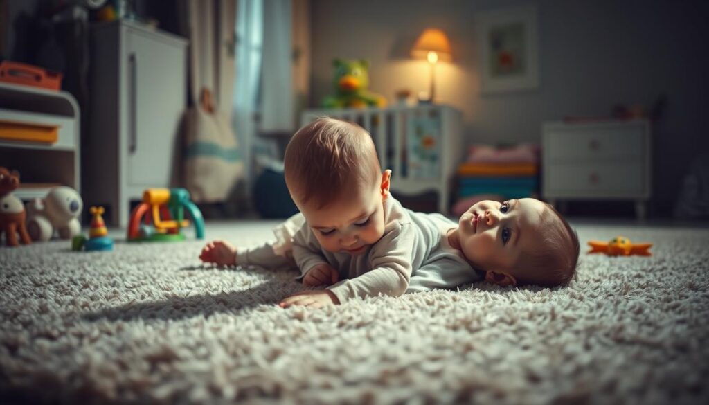 A dimly lit nursery scene with a baby lying on a plush rug, surrounded by developmental toys and educational materials. The child's movements are stiff and limited, lacking the fluid, coordinated motions expected at this stage. Soft lighting casts gentle shadows, highlighting the concerned expressions of the parents watching over the child. The composition emphasizes the baby's static posture, conveying the subtle signs of delayed crawling development. An atmosphere of gentle concern and anticipation permeates the scene, inviting the viewer to empathize with the parents' experience.