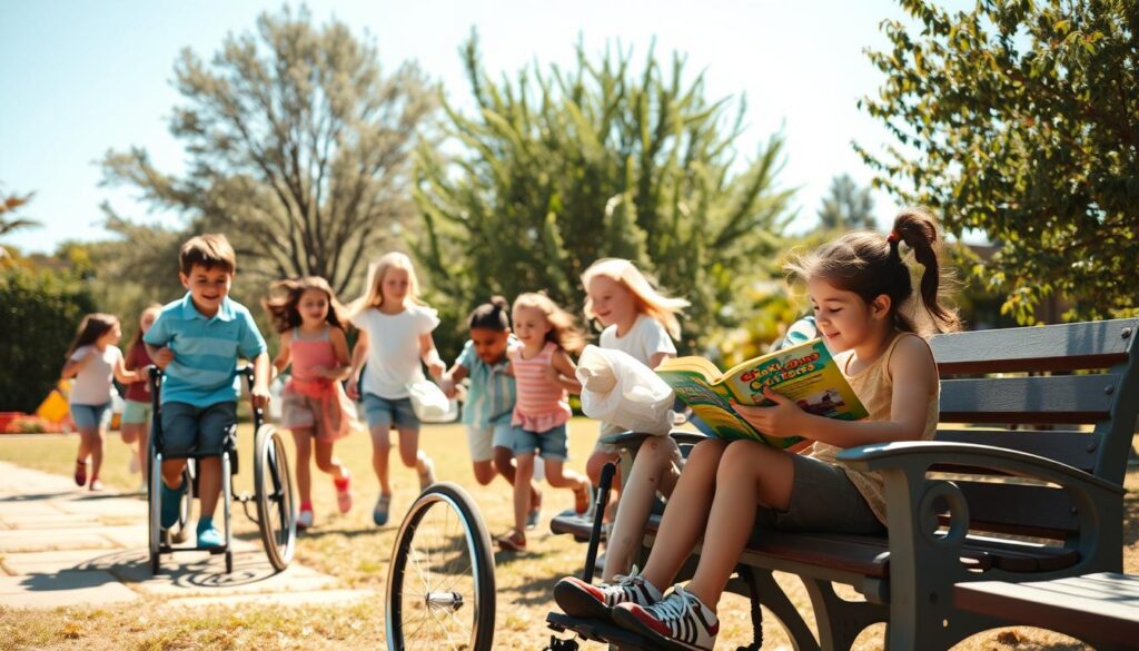 A group of diverse children, some with medical devices or in wheelchairs, playing together in a warm, sun-dappled garden. In the foreground, a young boy in a wheelchair rolls towards a group of children laughing and running. In the middle ground, a girl with an oxygen tank sits on a bench, smiling as she reads a book. In the background, trees sway gently, and the sky is a vibrant blue. The scene is captured with a soft, cinematic lens, conveying a sense of inclusion, acceptance, and the resilience of the human spirit.