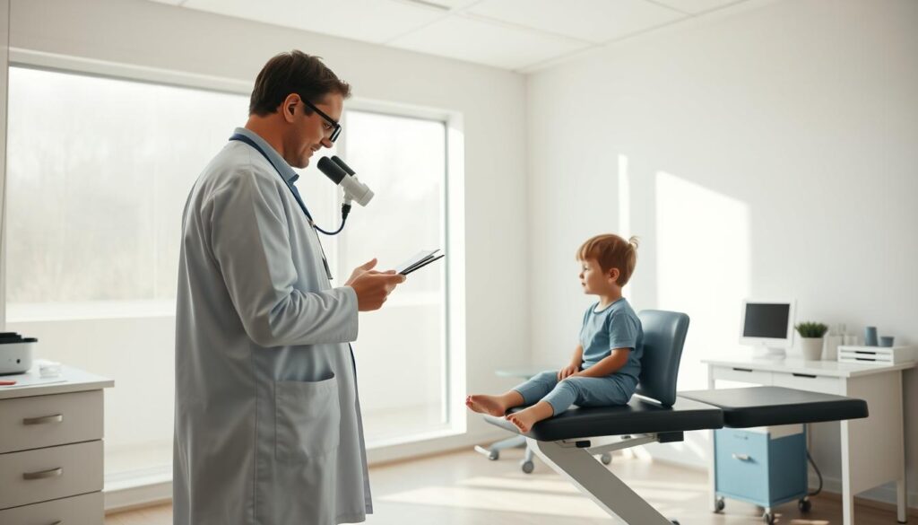 A medical examination room with a doctor's desk, examining equipment, and a patient (a young child) seated on an examination table. The room has bright, natural lighting streaming in through large windows, creating a warm and calming atmosphere. The doctor is discreetly evaluating the child's symptoms, carefully examining their skin and taking notes. The background is clean and minimalist, allowing the focus to remain on the medical assessment. The overall scene conveys a sense of professionalism, care, and the process of diagnosing vitamin D deficiency in children.