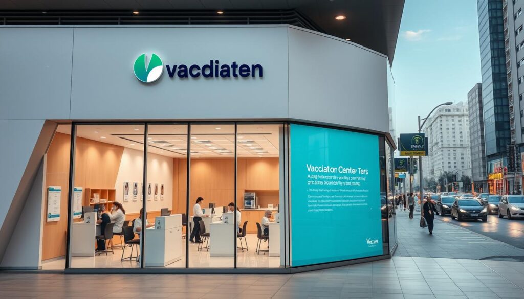 A modern, well-equipped vaccination center situated in the heart of Cairo. A sleek, minimalist facade with large glass windows allows natural light to flood the spacious interior. A warm, inviting atmosphere with clean, organized workstations and friendly staff, ready to administer vaccines efficiently and compassionately. The center's branding is prominently displayed, reflecting its role as a trusted healthcare provider. In the background, the bustling streets of the city provide a dynamic contrast, underscoring the center's vital importance to the local community.
