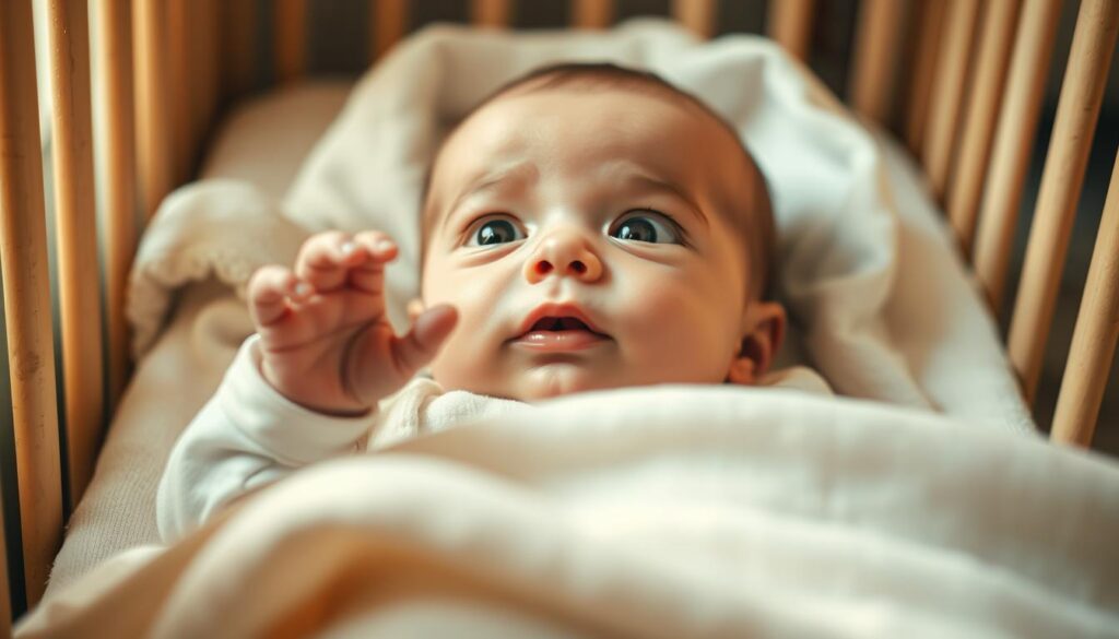 A newborn baby lying in a crib, their senses on high alert. The lighting is soft and warm, creating a peaceful, intimate atmosphere. The baby's eyes are wide open, exploring their surroundings with curious fascination. Their tiny hands reach out, fingers gently touching the soft, textured surface of the crib. The audio environment is calm, with subtle ambient noises that stimulate the infant's developing hearing. The overall scene conveys a sense of wonder and anticipation, capturing the early stages of a child's sensory awakening.
