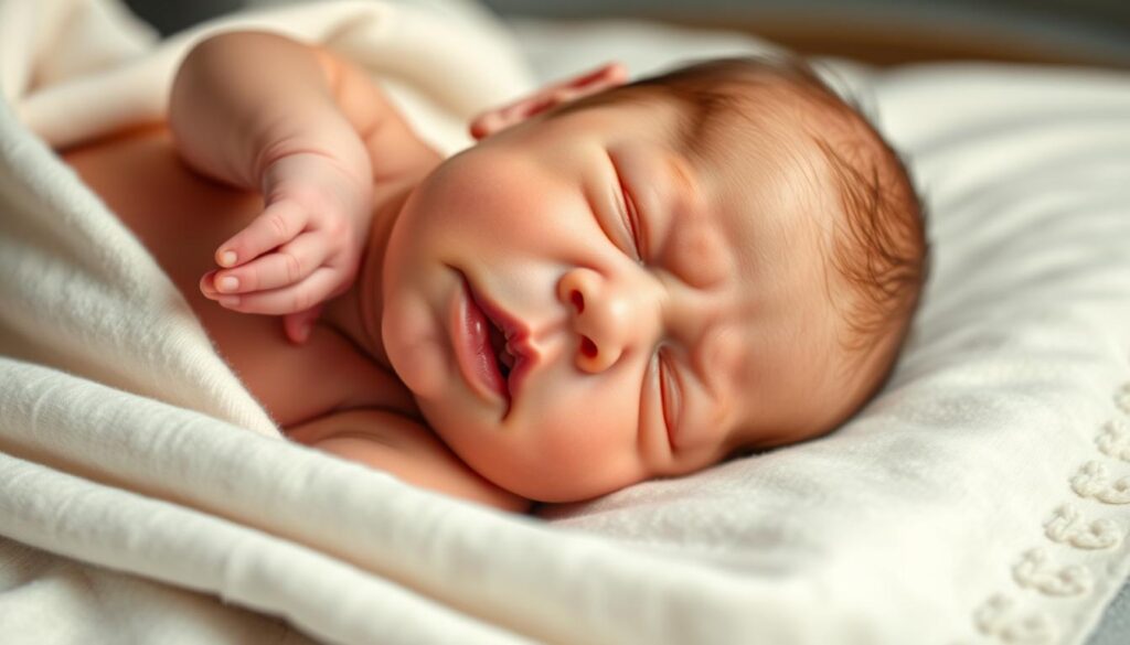 A newborn baby lying peacefully on a soft blanket, their face expressing a slight discomfort as they experience the symptoms of colic. The image captures the delicate features of the infant, with a focus on their facial expressions and subtle movements. The lighting is soft and natural, highlighting the baby's skin tone and the gentle folds of the blanket. The background is slightly blurred, creating a sense of intimacy and drawing the viewer's attention to the baby's discomfort. The overall atmosphere conveys the vulnerability and fragility of the newborn, evoking empathy and understanding for the challenges faced by parents during this stage of their child's development.