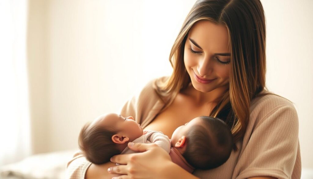 A peaceful, natural moment of a mother tenderly breastfeeding her newborn child. The warm, soft lighting casts a gentle glow, highlighting the intimate bond between them. The mother's expression is serene and loving, as she gazes down at the baby nursing contentedly. The scene is set against a soothing, blurred background, drawing the viewer's focus to the tender interaction. The composition is carefully balanced, with the mother and child positioned centrally. The image conveys the beauty, comfort, and inherent challenges of the natural nursing experience.