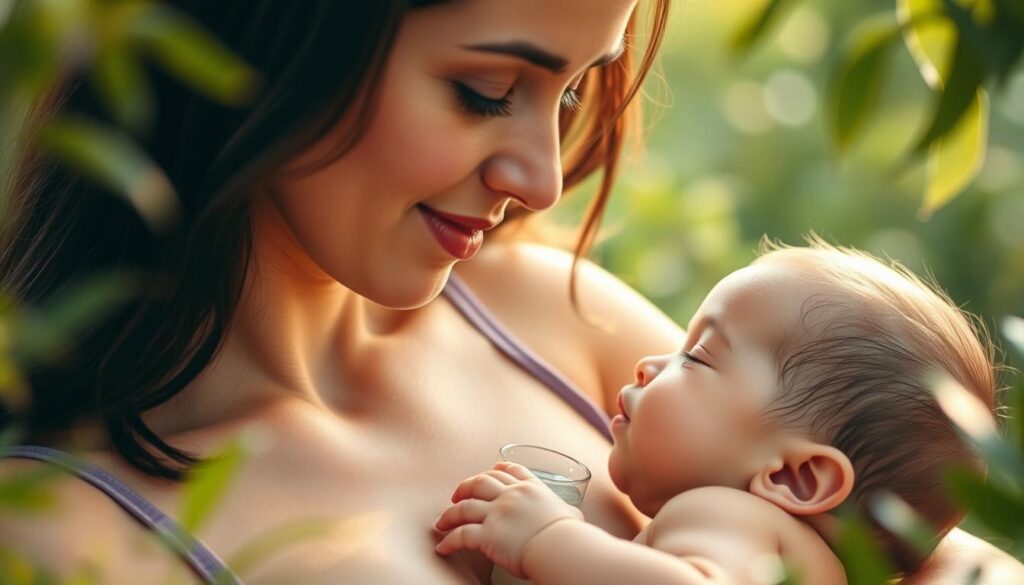 A peaceful scene of a woman breastfeeding her infant, set against a serene, natural backdrop. Soft, ambient lighting gently illuminates the intimate moment, casting a warm, comforting glow. The woman's face is tranquil, her expression radiating a sense of nourishment and connection. The baby's eyes are closed, their tiny fingers grasping the mother's breast as they drink in the sustenance of the clear, pure water. The surroundings are lush and verdant, with hints of greenery framing the pair, evoking a sense of harmony and well-being. This image captures the essence of hydration and the importance of water during the natural breastfeeding process.