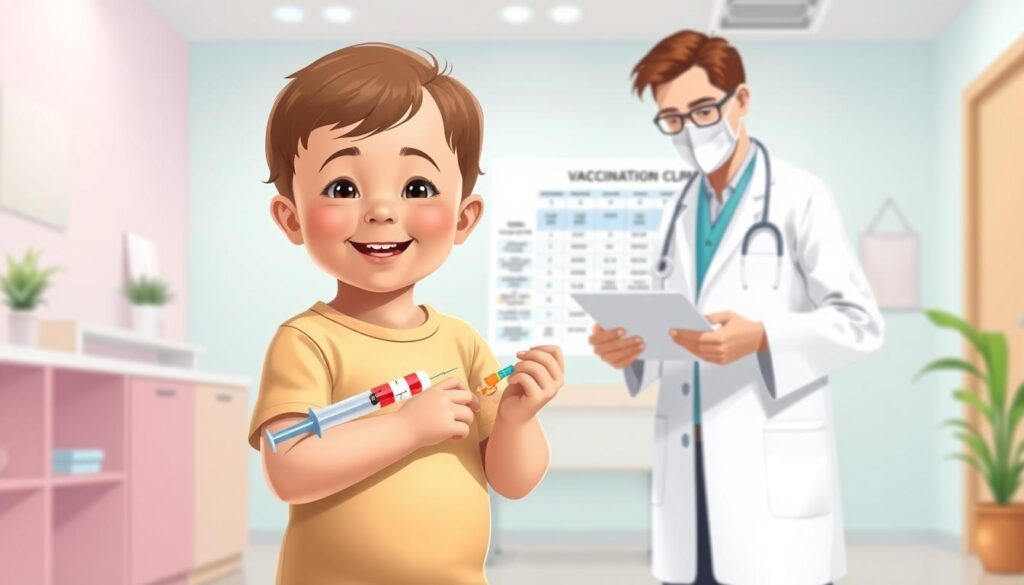 A photo-realistic illustration of the benefits of the 18-month vaccination schedule. A young, smiling child stands in the foreground, holding a syringe and wearing a bandage on their arm. In the middle ground, a doctor in a white coat examines a chart detailing the vaccination schedule. The background features a clean, modern medical clinic with bright lighting and soothing pastel colors. The overall mood is informative and reassuring, conveying the importance and safety of childhood vaccinations.