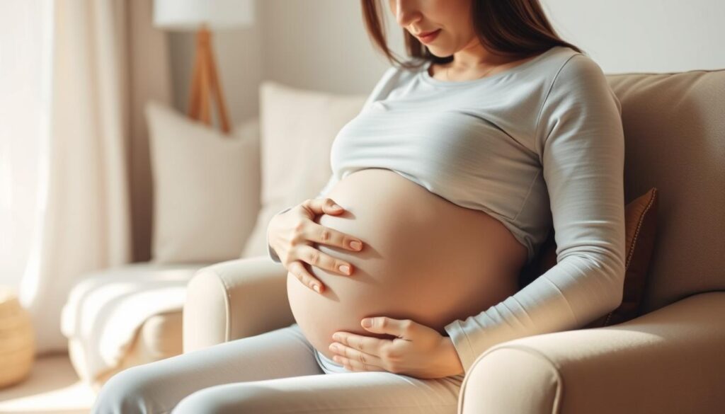 A pregnant woman sitting on a comfortable chair, her hands gently resting on her swollen belly. The lighting is soft and natural, creating a warm, serene atmosphere. The background is a cozy, inviting space, with hints of neutral-toned decor that convey a sense of tranquility and anticipation. The woman's expression is one of calm focus, her eyes closed as she contemplates the momentous journey ahead. The scene exudes a sense of preparation and readiness, capturing the essence of the "نصائح للمرأة الحامل" section.