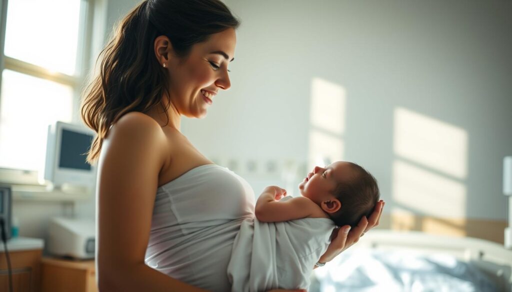 A pregnant woman, standing confidently in a sunlit hospital room, gazes down at her newborn child. The gentle embrace between mother and baby exudes a sense of wonder and triumph, as the woman's expression reflects the joy of a natural birth after a previous cesarean section. The room is bathed in soft, warm lighting, creating an intimate, calming atmosphere. In the background, medical equipment and sterile surfaces hint at the hospital setting, while the woman's relaxed pose and the baby's peaceful slumber convey a sense of tranquility and healing. The image captures the empowering experience of a vaginal birth after cesarean (VBAC), a testament to the resilience and strength of the human body.