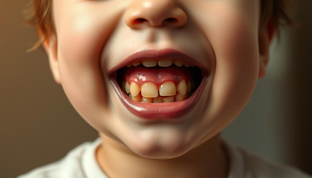 A realistic digital illustration of a young child's face, focusing on the mouth and gums, highlighting the teething process. The image should depict the typical symptoms of teething, such as swollen, red gums, drooling, and a slightly flushed complexion. The lighting should be soft and natural, creating a warm and comforting atmosphere. The background should be a neutral, out-of-focus setting, allowing the child's face to be the central focus. The composition should be well-balanced, with the child's face filling a significant portion of the frame. The overall mood should convey the discomfort and challenges associated with the teething process, but also the resilience and adaptability of young children.