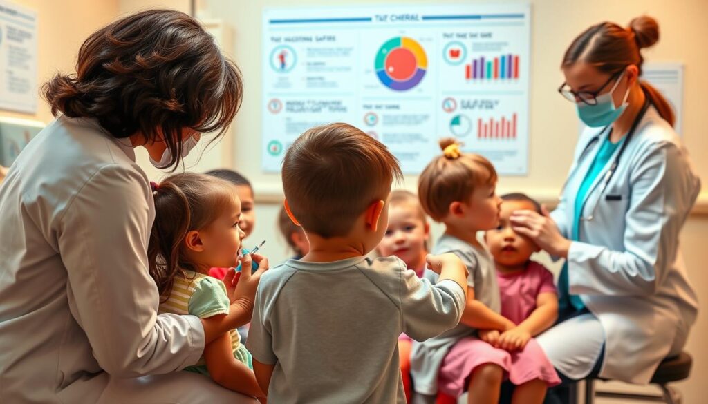 A serene and inviting scene depicting a group of young children receiving their vaccinations, surrounded by attentive and compassionate medical professionals. The foreground features a warm, well-lit examination room with a calming color palette, putting the children at ease. The middle ground showcases the doctors and nurses administering the vaccines with a gentle and reassuring demeanor. In the background, educational infographics and charts highlight the safety and efficacy of the vaccinations, providing a sense of trust and confidence. The overall atmosphere conveys a message of care, protection, and the importance of safeguarding children's health through responsible vaccination practices.