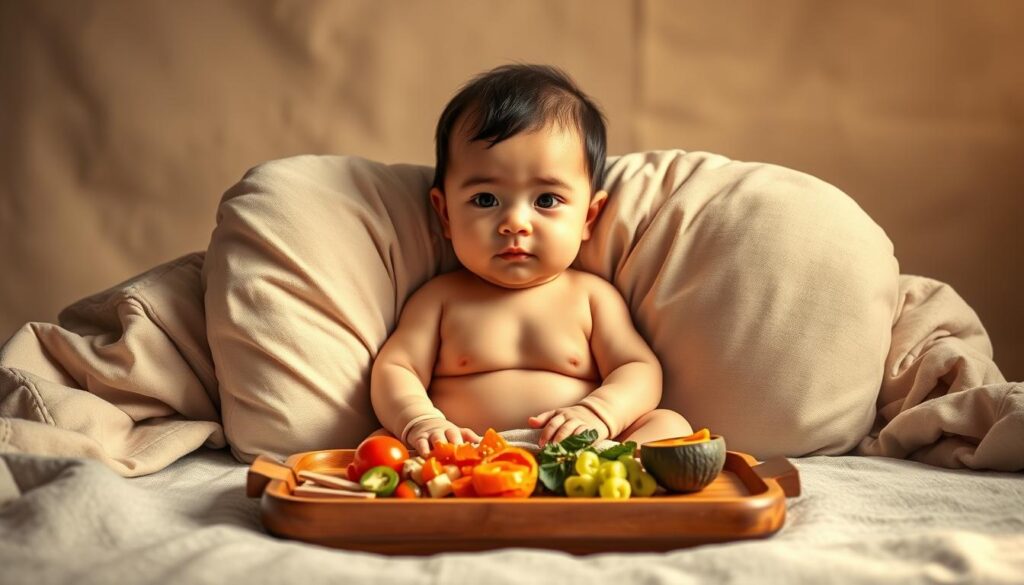 A serene and naturalistic scene depicting the developmental progress of a 5-month-old infant during the critical feeding stage. The baby is sitting upright, supported by soft pillows, with a colorful and nutritious meal laid out before them on a wooden tray. The lighting is warm and diffused, creating a cozy, intimate atmosphere. The background features a soothing color palette of earthy tones, with subtle textures hinting at a simple, homely setting. The overall composition conveys a sense of nurturing care, highlighting the significant milestones and transformations that occur within an infant's first year of life.
