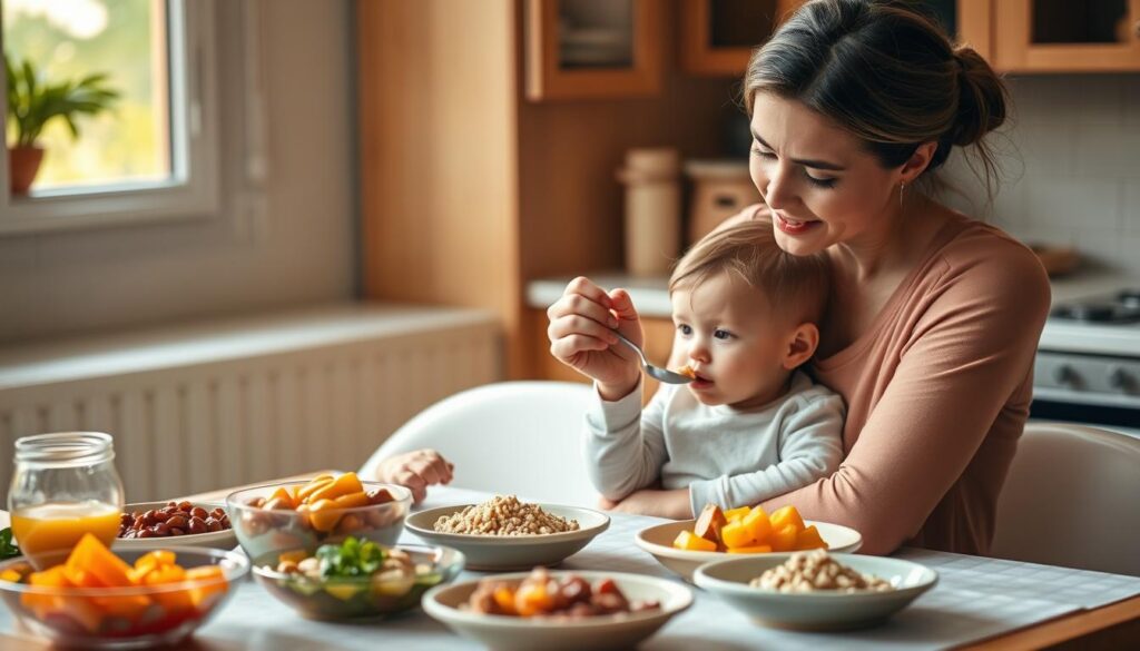 A serene and nurturing kitchen scene with a mother gently guiding her young child to take their first bites of solid food. The table is set with a variety of colorful, soft-textured foods like pureed fruits and vegetables, soft-cooked grains, and small pieces of tender meat. Warm, natural lighting filters through a nearby window, casting a gentle glow on the pair. The mother's expression is patient and encouraging as she holds a small spoon, ready to feed her child. The child's face is open and curious, eager to explore these new tastes and textures. The overall mood is one of care, comfort, and the joyful discovery of new culinary adventures.