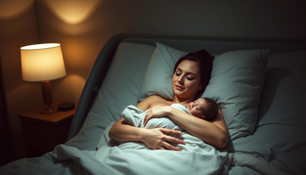 A serene, dimly lit bedroom with a comfortable-looking hospital bed. A new mother rests peacefully, propped up on plush pillows, her newborn baby nestled sweetly in her arms. Soft, warm lighting emanates from a bedside lamp, casting a soothing glow. The mother's expression is one of tranquil contentment, her gaze lovingly fixed on her child. The bedding is soft and inviting, with muted tones that create a calming atmosphere. The room is uncluttered, allowing the focus to remain on the mother and child's intimate moment of rest and recovery after a cesarean delivery.