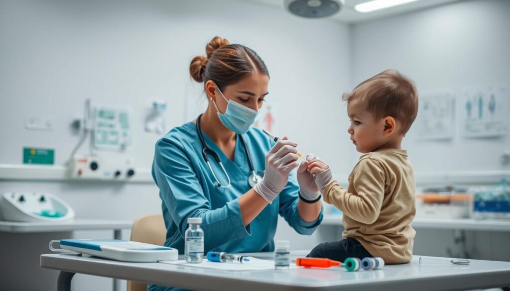A serene healthcare setting with a table displaying various medical supplies and equipment. In the center, a healthcare worker is carefully administering a vaccine dose to a child, their expression reassuring and attentive. The background is a softly lit, pristine medical environment, with subtle hints of healthcare-related imagery, such as charts or medical diagrams, providing context. The overall atmosphere conveys a sense of professionalism, safety, and care, reflecting the importance of consistent and diligent vaccine monitoring to ensure maximum protection for the child.