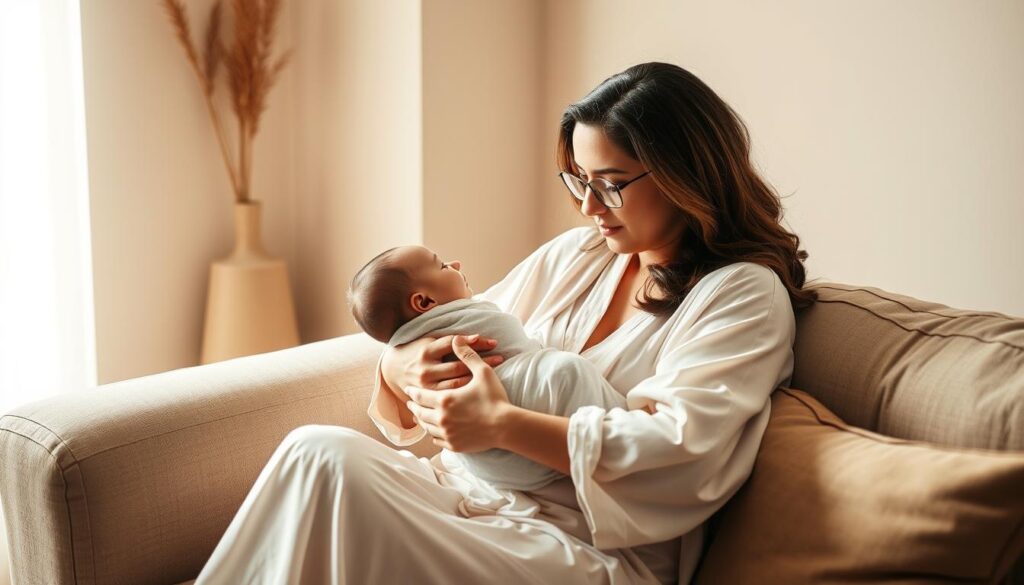 A serene, intimate scene of a new mother and her newborn child during the postpartum period. The mother, clad in a soft, flowing robe, sits comfortably on a couch, cradling the swaddled infant in her arms with a look of profound love and tenderness. Soft, natural light filters in through a nearby window, casting a warm glow on the pair. In the background, a tranquil, minimalist room with earthy tones and textures creates a calming, nurturing atmosphere. The overall mood is one of peace, connection, and the profound wonder of new life.