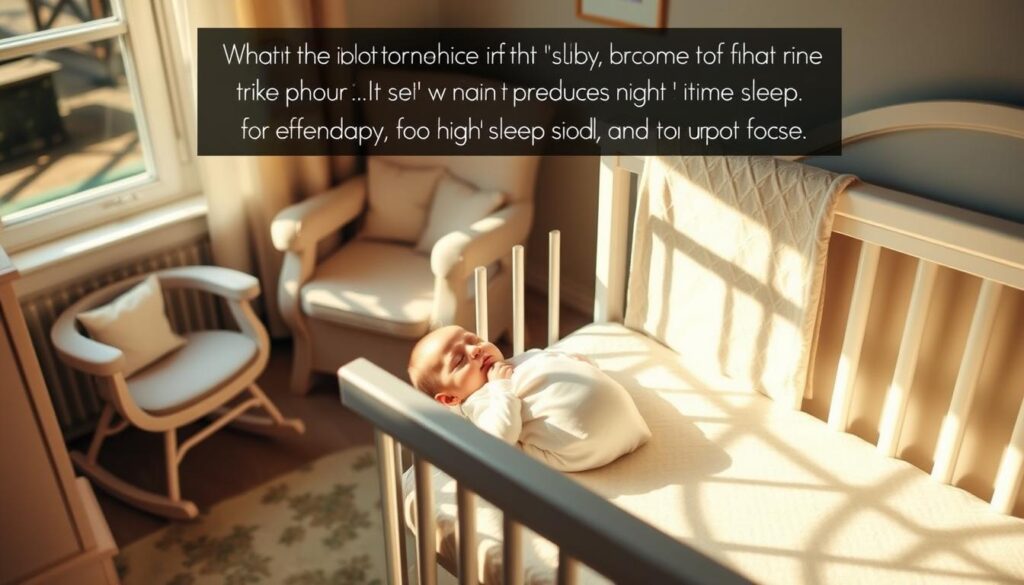 A serene nursery scene with a sleeping newborn in a cozy crib, bathed in soft, warm lighting. The room is decorated with soothing pastel colors, subtle patterns, and a plush rocking chair. Gentle shadows cast by a nearby window create a calming atmosphere. The baby's expression is peaceful, suggesting a successful effort to reduce nighttime wakings. The overall composition emphasizes the importance of a tranquil environment for infant sleep.