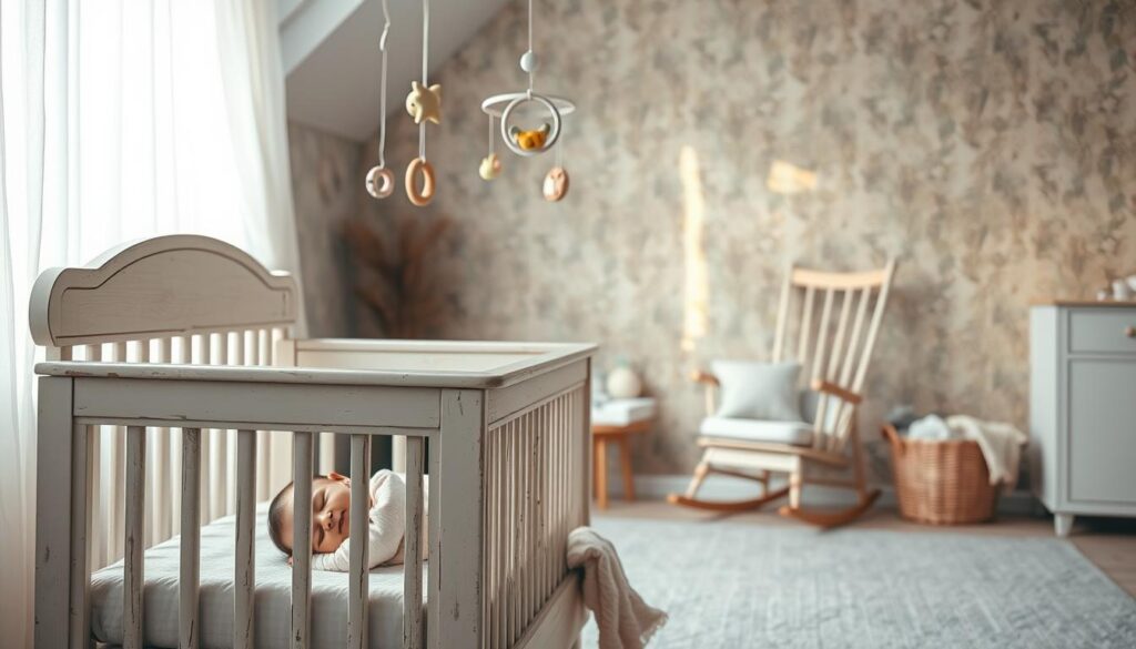 A serene nursery scene with a soothing atmosphere. A soft-lit, pastel-toned room with plush textures and gentle lighting. In the foreground, a distressed wood crib with a sleeping baby, swaddled in a cozy blanket. Calming mobiles and toys hang above, casting gentle shadows. The middle ground features a rocking chair and a basket of soothing items like teething rings, pacifiers, and soft cloth. The background showcases a lush, muted floral wallpaper, creating a tranquil, comforting ambiance. The overall mood is one of peace, comfort, and care, reflecting the need for a physician's guidance during this delicate stage of a baby's development.