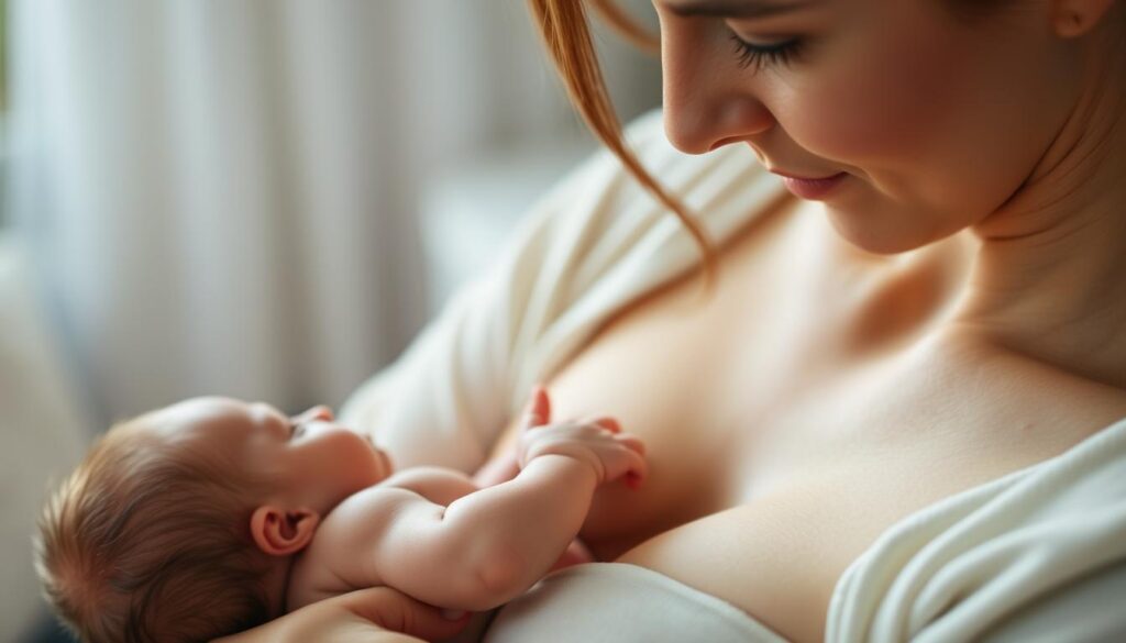 A serene scene of a mother breastfeeding her newborn child, captured in a soft, natural light. The baby's delicate features are illuminated, their tiny hands grasping their mother's breast as they nurse contentedly. The mother's expression is one of tender love and nurturing, her gaze fixed on the child with an unwavering bond. The background is blurred, creating a sense of intimacy and focus on the act of natural feeding. The overall mood is one of tranquility, comfort, and the profound connection between mother and child.