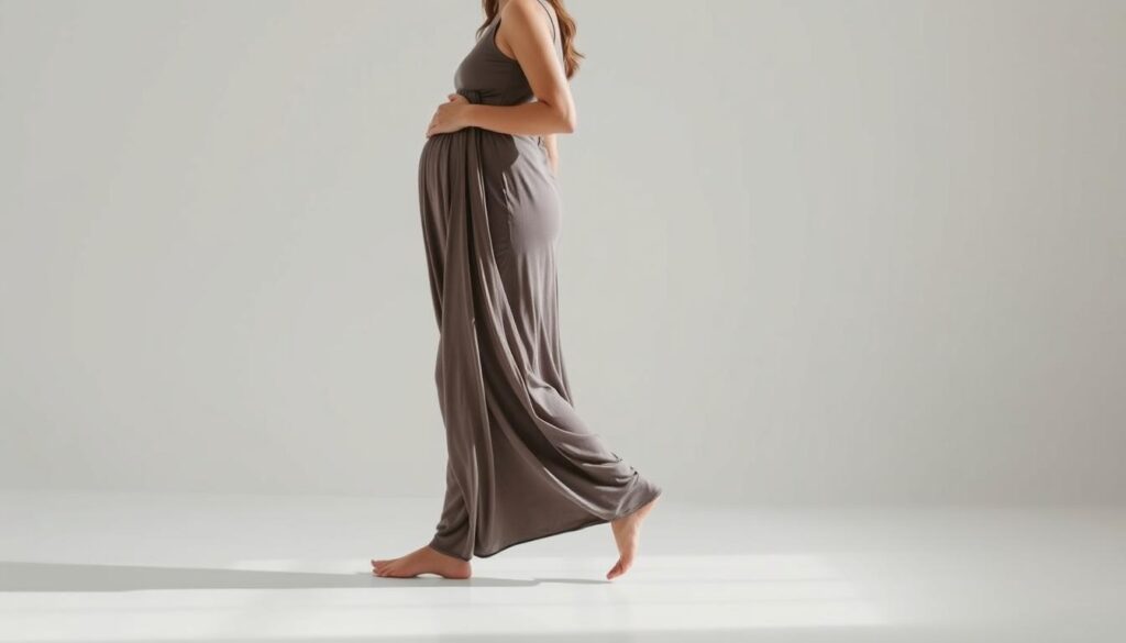 A serene, softly-lit scene of a woman walking cautiously but confidently, dressed in comfortable, flowing clothing. She moves with measured steps, her posture upright yet relaxed, as she navigates a tranquil, minimalist space. The background is a calming, muted palette, allowing the woman's graceful movements to take center stage. Subtle shadows and gentle highlights accentuate the contours of her body, conveying a sense of strength and recovery. The overall atmosphere is one of healing, balance, and the gradual return to daily activities after a Caesarean section.