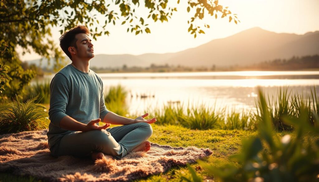 A serene, sun-dappled outdoor scene depicting a young father engaged in soothing self-care practices. In the foreground, he sits cross-legged on a plush, earthy-toned rug, eyes closed in meditation, surrounded by lush greenery and the gentle flutter of leaves. The middle ground features a tranquil pond, its glassy surface reflecting the calming atmosphere. In the background, a picturesque mountain range rises, bathed in warm, golden light. The overall mood is one of peace, rejuvenation, and the importance of parental self-care for the wellbeing of both parent and child.