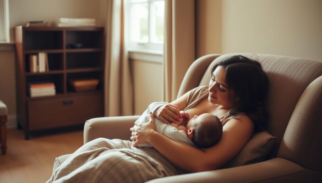 A serene, well-lit room with warm tones. A mother and her newborn baby are nestled comfortably on a plush armchair, as the mother gently nurses her child. The baby's face is peaceful and content, eyes closed, while the mother gazes down with a loving expression. Soft, natural lighting filters through a nearby window, casting a gentle glow on the scene. The background is uncluttered, with neutral-colored walls and minimal decor, allowing the focus to remain on the intimate mother-child interaction. The overall atmosphere is one of tranquility, intimacy, and the timeless beauty of the breastfeeding experience.