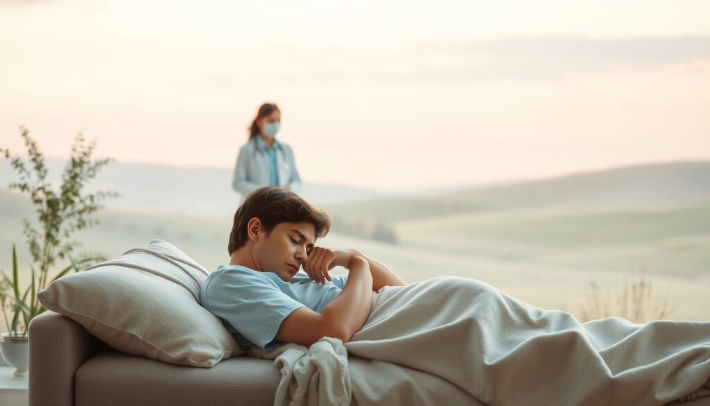 A tranquil scene depicting the potential side effects of vaccines. In the foreground, a person resting comfortably, experiencing mild symptoms like a slight fever or fatigue. The middle ground showcases a doctor-patient consultation, with the healthcare provider reassuring and providing guidance. In the background, a soothing, pastel-hued landscape evokes a sense of calm and reassurance. Soft, diffused lighting illuminates the scene, creating a serene and approachable atmosphere. The overall composition conveys the message of understanding and managing common vaccine-related side effects, promoting trust in the vaccination process.