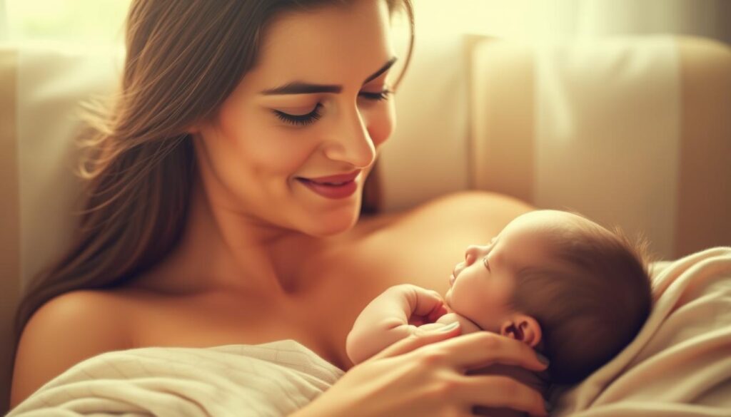 A tranquil scene of a mother gently breastfeeding her newborn child. The warm, soft lighting casts a serene glow, enveloping the pair in a tender embrace. The mother's expression is one of pure love and contentment, her eyes filled with adoration as she gazes down at her little one. The baby's delicate features are captured in a moment of peaceful nourishment, their tiny hands grasping the mother's breast. The background is a comforting, neutral palette, allowing the focus to remain on the intimate connection between mother and child. This image beautifully represents the importance of a mother's diet in the success of natural breastfeeding.