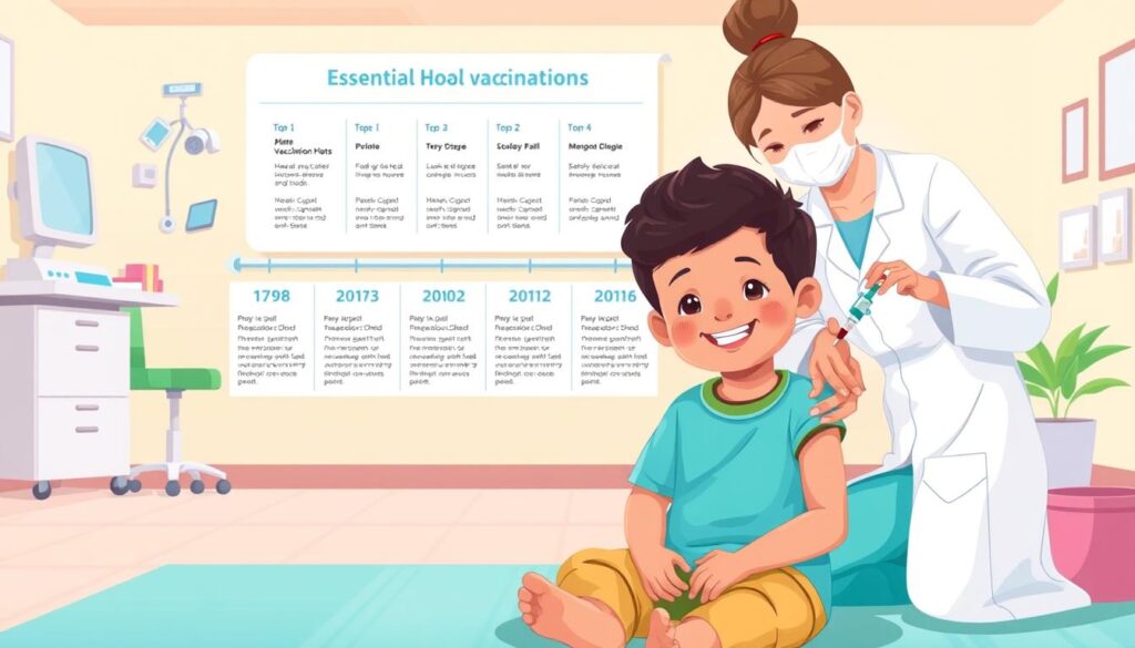 A vibrant, detailed illustration showcasing the essential childhood vaccinations. In the foreground, a smiling child sits patiently as a healthcare worker administers a shot. The middle ground features an informative timeline of recommended vaccination schedules, presented in a clean, organized layout. The background depicts a warm, welcoming clinic setting with medical equipment and soothing pastel hues. The overall scene conveys a sense of trust, care, and the importance of protecting children's health through timely immunization.