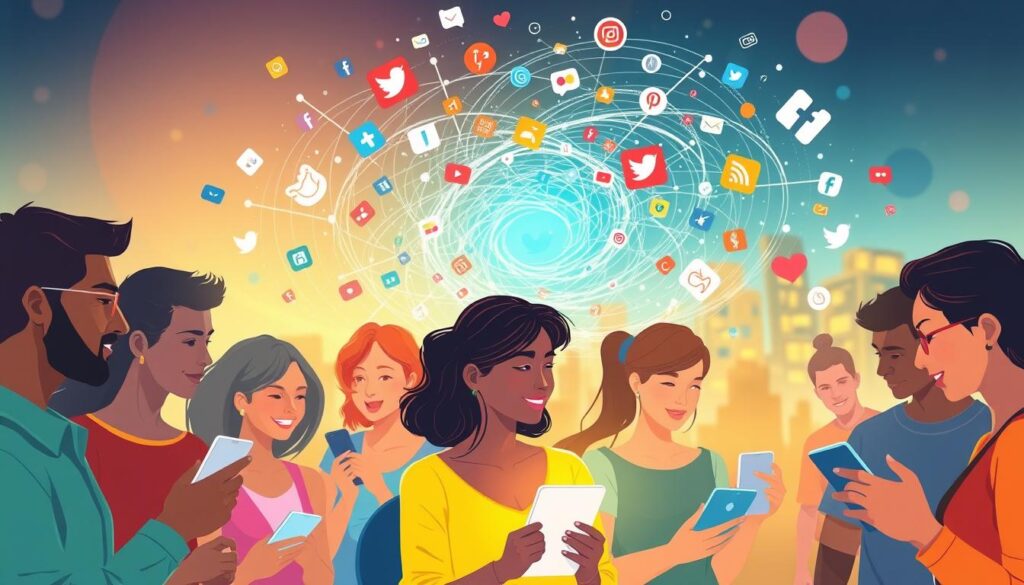 A vibrant illustration of social media's impact on modern life. In the foreground, a diverse group of individuals engaged in lively digital conversations, their faces illuminated by the glow of their devices. In the middle ground, a swirling vortex of data streams and social media icons, symbolizing the ever-evolving nature of online communication. The background depicts a softly blurred cityscape, hinting at the pervasive influence of social media in our urban landscapes. The scene is bathed in a warm, inviting lighting, conveying a sense of connection and community, while the dynamic composition captures the energy and momentum of this digital age.