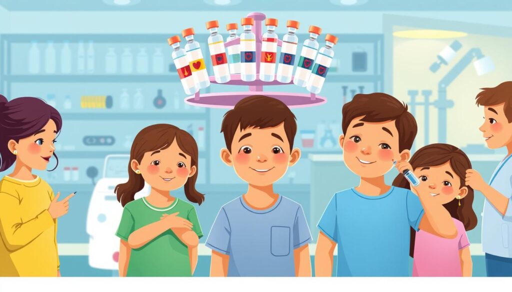 A vibrant medical illustration showcasing the efficacy and safety of vaccines. The foreground depicts a group of children receiving their shots, their expressions serene and trusting. The middle ground features a rotating carousel of vaccine vials, each displaying a different logo and color - symbolizing the array of immunizations available. In the background, a softly-lit laboratory setting with test tubes, microscopes, and scientific equipment, conveying the rigorous research and testing behind these life-saving interventions. The overall scene radiates a sense of security, health, and the unwavering commitment to public welfare.