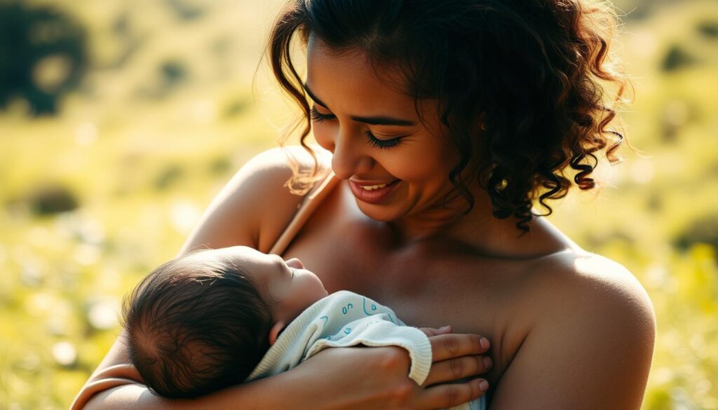 A warm, intimate scene of a mother breastfeeding her child in a serene, natural setting. Soft, natural lighting illuminates their tender embrace, capturing the profound human connection between them. The mother's expression is one of calm, loving contentment as she gazes down at her nursing infant. The background is a lush, verdant landscape, conveying a sense of tranquility and harmony. The composition focuses on the mother and child, with minimal distractions, allowing the viewer to fully immerse themselves in the profound intimacy of this quintessential human experience.