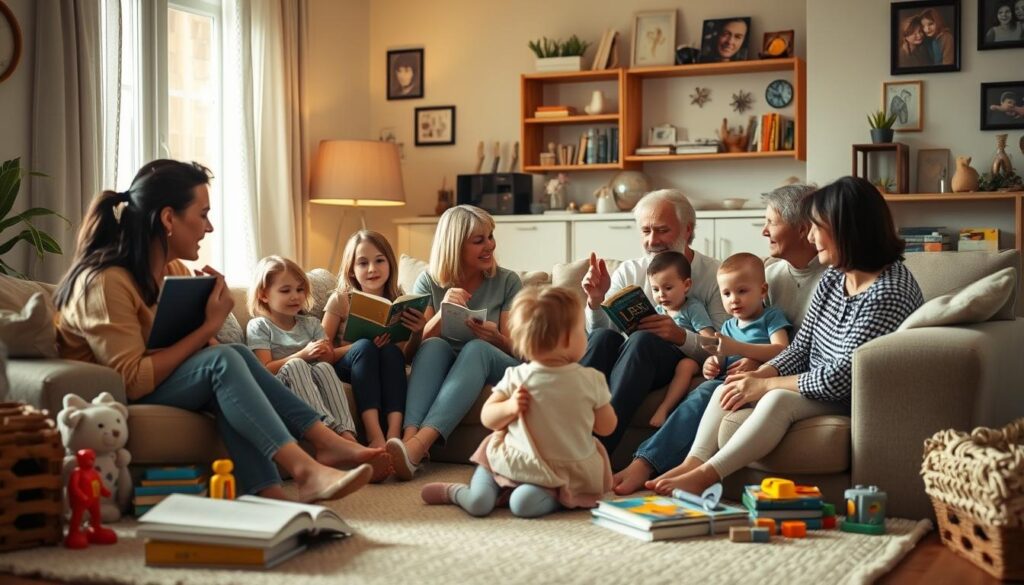 A warm, softly lit indoor scene depicting several parents and their young children sitting together, sharing stories and experiences. The foreground features a cozy living room setting with comfortable furniture, toys, and books scattered about. In the middle ground, the parents engage in lively conversation, gesturing animatedly as they share insights and advice. The background showcases a serene, homely atmosphere, with personal mementos and family photos adorning the walls, creating a sense of familiarity and trust. The overall mood is one of intimacy, support, and the exchange of valuable parenting knowledge.