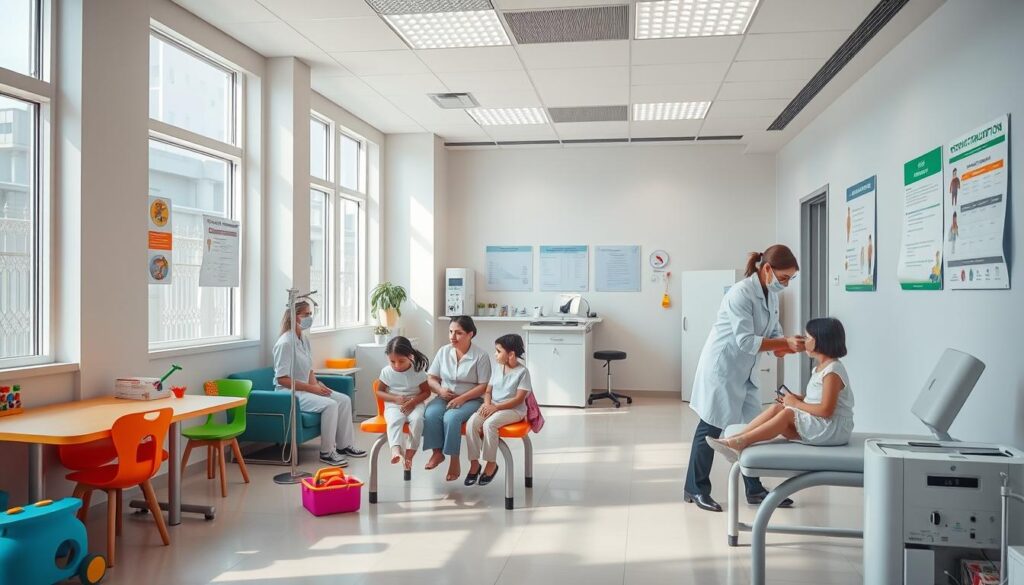 A well-lit, inviting interior of a modern pediatric vaccination clinic in Egypt. The foreground features a cheerful, child-friendly reception area with colorful furniture and toys to put young patients at ease. In the middle ground, nurses in crisp white uniforms administer shots to children sitting on comfortable exam tables. The background showcases a clean, sterile environment with state-of-the-art medical equipment and informative posters on childhood immunization schedules. Soft, natural lighting filters in through large windows, creating a warm, reassuring atmosphere. The overall scene conveys a sense of professionalism, care, and attention to the well-being of Egypt's youngest citizens.
