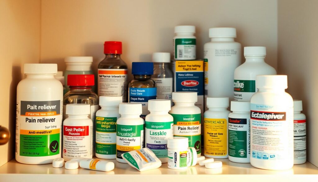 A well-stocked medicine cabinet featuring various pain relievers, anti-inflammatory drugs, and other essential postpartum medications. The items are neatly arranged against a soft, neutral background, creating a sense of order and care. Warm, diffused lighting illuminates the scene, casting gentle shadows and highlighting the textures of the packaging. The composition emphasizes the importance of these medications in the recovery process after a cesarean section, conveying a message of comfort, healing, and the guidance of a trusted medical professional.