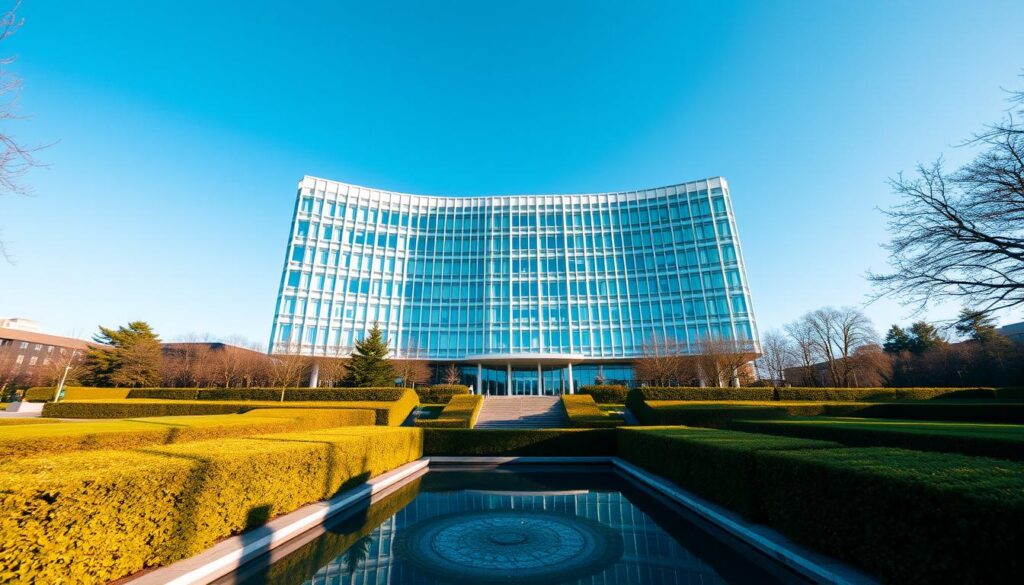 A wide, high-angle view of the World Health Organization (WHO) headquarters in Geneva, Switzerland. The iconic modernist building stands tall, its curved glass facade reflecting the clear blue sky. The surrounding landscaping is lush and well-manicured, with neatly trimmed hedges and a tranquil water feature in the foreground. The mood is professional yet inviting, conveying the WHO's mission of global health leadership. Subtle lighting highlights the architectural details, creating depth and a sense of authority. The scene evokes a history of successful public health initiatives and the trust placed in this respected international organization.