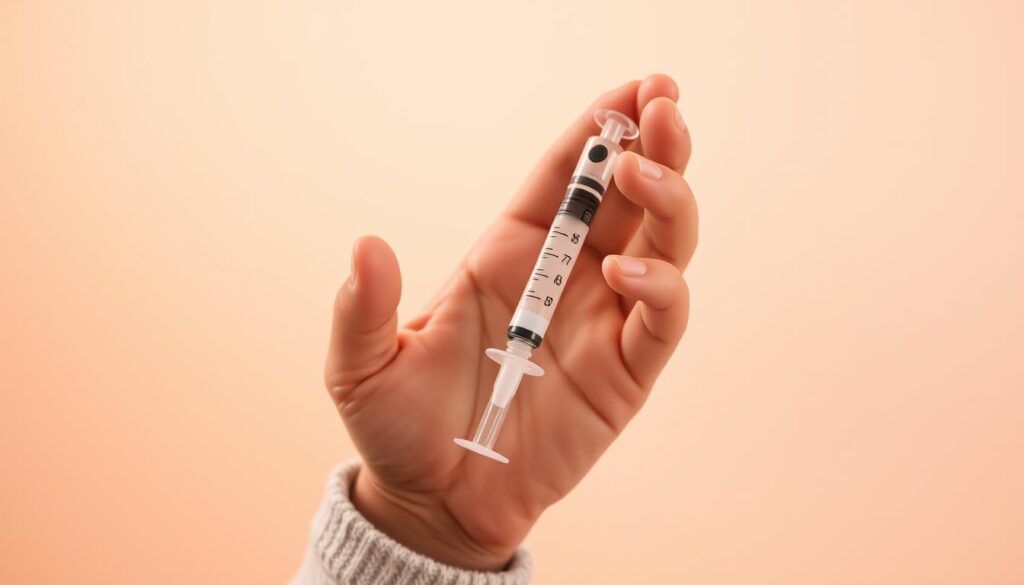A young child's hand holding a syringe, representing the common childhood vaccinations in Egypt. The syringe stands upright, the plunger slightly depressed, against a soft, pastel-colored background. The lighting is warm and diffused, creating a comforting, reassuring atmosphere. The composition emphasizes the simplicity and importance of these routine medical procedures, which protect children's health from birth through their school-age years. The overall tone is one of care, safety, and the wellbeing of Egypt's youth.