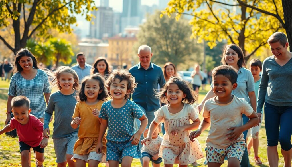 An image of a diverse community, united in their collective immunity. In the foreground, a group of children playing joyfully, their laughter echoing through a warm, sun-dappled park. In the middle ground, parents and guardians watchfully guiding their little ones, their faces radiating a sense of security and trust. The background reveals a vibrant cityscape, bustling with life, where every child's wellbeing is safeguarded by the herd immunity fostered by responsible vaccination. Soft, diffused lighting illuminates the scene, capturing the essence of a society that prioritizes the health and protection of its most vulnerable members. The resulting image embodies the concept of "herd immunity" and the shared responsibility of parents to shield their children and their community.